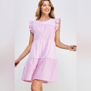 Striped Print Ruffled Cap Sleeves Short Dress